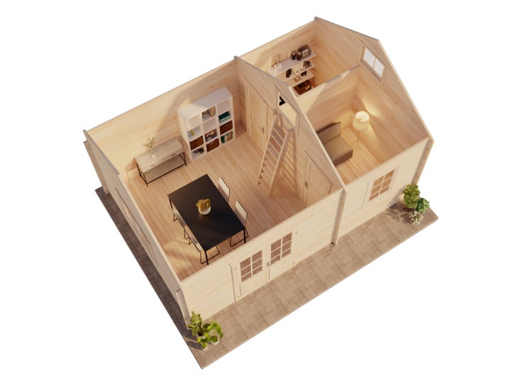 Innenansicht eines Holzhauses mit Möbeln