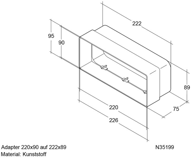 Kunststoff Adapter zur Verbindung von Flachkanälen mit Maßen 220 mal 90 Millimeter auf 222 mal 89 Millimeter inklusive technischer Maßzeichnung.
