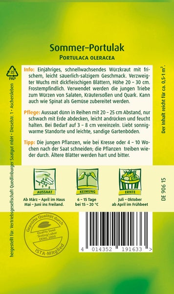 Rückseite einer Samenpackung für Sommer-Portulak mit Informationen zu Aussaat, Keimung und Ernte sowie Qualitätssiegel.