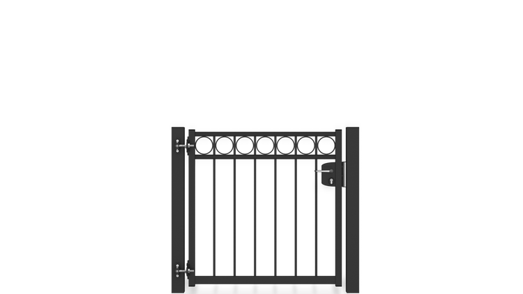 Gartentor ZAUNGURU BASIC-Linie Oldenburg Kreis aus Metall, Höhe: 103cm, Breite: 123cm, 1-flügelig inkl. Pfosten, Schloss und Zubehör, Feuerverzinkt und in RAL 7016 Anthrazitgrau pulverbeschichtet