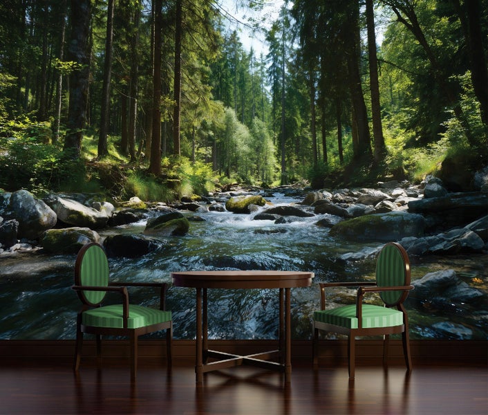 Fototapete mit Waldmotiv und Tischgruppe mit zwei Stühlen