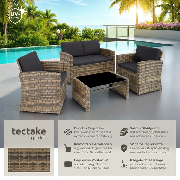 Rattan Lounge tectake Jesolo mit Sicherheitsglasplatte für 4 Personen natur/dunkelgrau