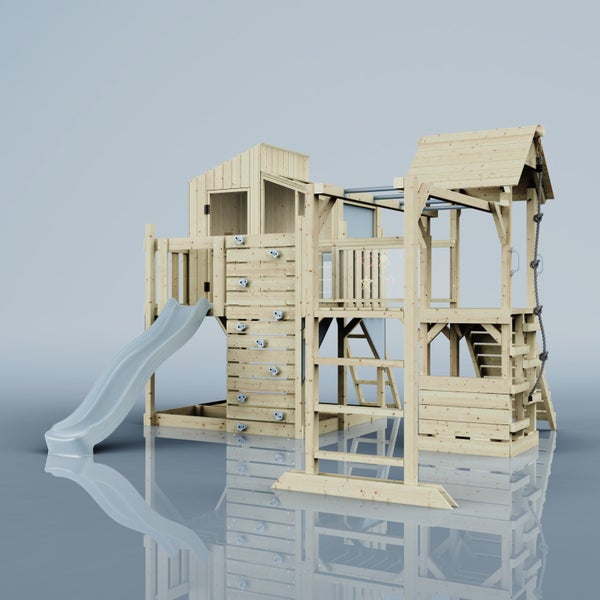 Spielanlage aus Holz mit Rutsche, Kletterwand und Schaukelgerüst