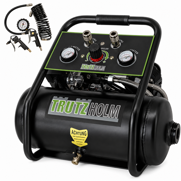 Trutzholm Kompressor mit Tank, zwei Manometern, Druckregler und Zubehör wie Spiralschlauch, Ausblaspistole und Reifenfüllmesser.