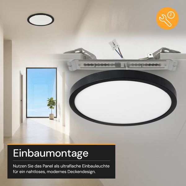 Rundes LED-Panel für Einbaumontage, ultraflach für modernes Deckendesign, inklusive Befestigungsmaterial und Symbol für schnelle Montage.