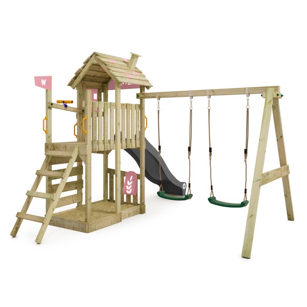 WICKEY Spielturm Klettergerüst FarmFlyer mit Schaukel und Rutsche, Kletterturm mit Sandkasten, Leiter und Spiel-Zubehör – pastellpink