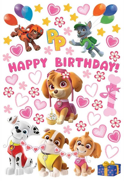 Wandsticker Set Paw Patrol Happy Birthday mit verschiedenen Hunden, Herzen und Sternen, 65 mal 42,5 Zentimeter.