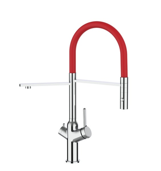 3 Wege Wasserhahn Küchenarmatur, BOD, mit 360° schwenkbarem Auslauf, abnehmbare 2 strahl Handbrause, Verchromt / Rot