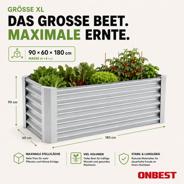 Metallhochbeet XL, 90 Zentimeter hoch, 60 Zentimeter breit, 180 Zentimeter lang, bepflanzt mit Gemüse und Kräutern. Onbest Logo.