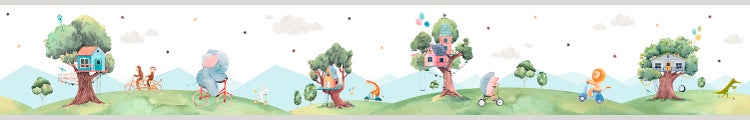 Illustration einer Kinderzimmer Tapete mit Bäumen, Baumhäusern und Tieren auf Fahrzeugen