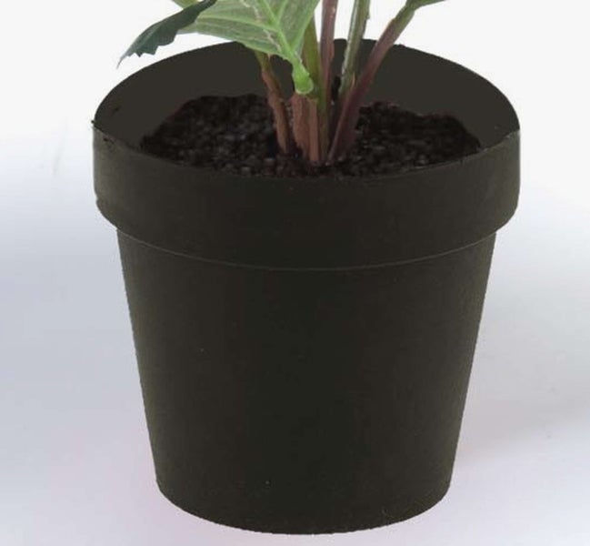 Künstliche Croton-Pflanze Codiaeum im schwarzen Topf mit bunt gemusterten Blättern