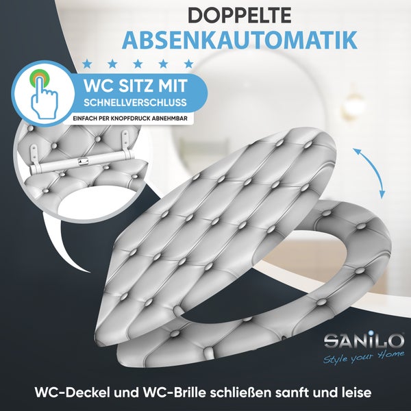 Sanilo WC Sitz mit Absenkautomatik und Schnellverschluss zum leichten Abnehmen per Knopfdruck in gesteppter Optik für eine einfache Reinigung.