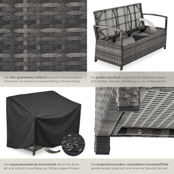 Gartenbank aus Polyrattan mit Stauraum unter der Sitzfläche, inklusive Schutzhülle und rutschfesten Kunststofffüßen.