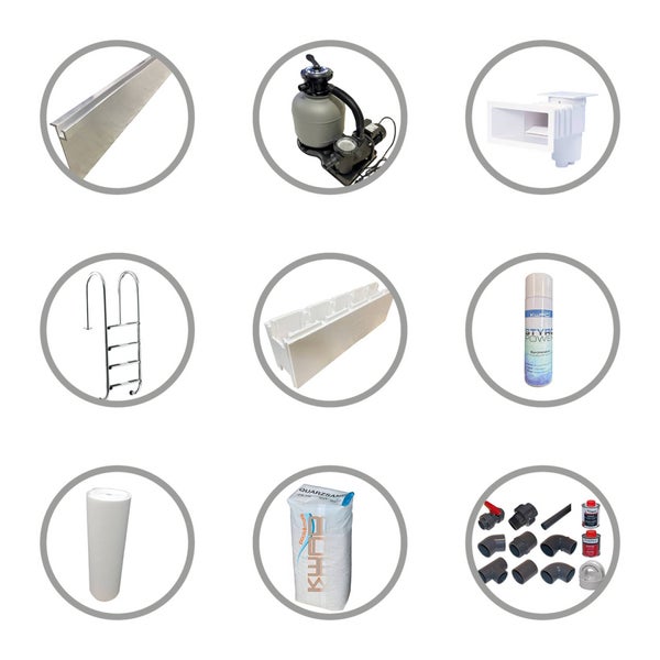 Poolbau-Set mit Sandfilter, Edelstahlleiter, Skimmer, Styroporsteinen, Quarzsand, PVC-Fittings, Kleber, Schutzvlies und Aluminiumprofilen.