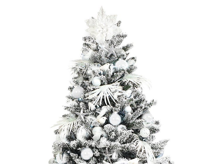 Künstlicher Weihnachtsbaum mit Schneeoptik, dekoriert mit Weihnachtskugeln, Sternen und Vögeln in winterlichem Design.