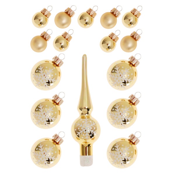 Gold Mini-Dekoset aus Glas, 2cm, 3cm Kugeln, 12cm Spitze, handdekoriert, 16 Stck., Weihnachtsbaumkugeln, Christbaumschmuck, Weihnachtsbaumanhänger