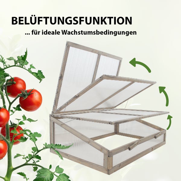 Frühbeetaufsatz aus Holz 120 x 80 cm Frühbeetkasten für Hochbeete Gewächshaus Pflanzkasten in grau