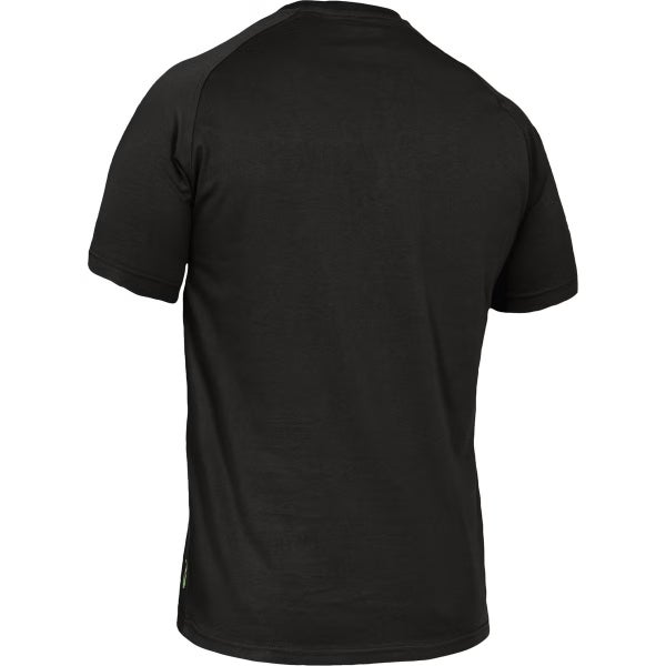 Schwarzes kurzärmeliges Arbeits-T-Shirt, Rückansicht.