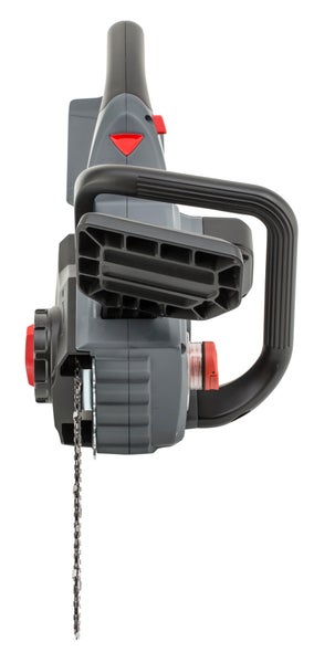 Graue Elektro-Kettensäge mit schwarzem Handgriff und rotem Schalter in der Draufsicht.