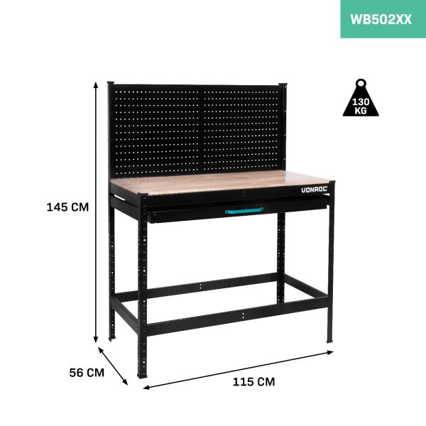 VONROC Werkbank / Arbeitstisch - Lochrückwand und Schublade - Belastbarkeit 130kg - Inkl. 15 Haken