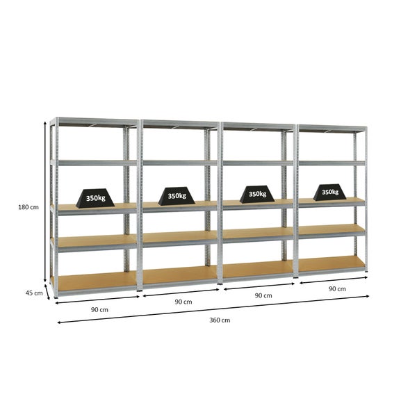 PROREGAL Mega Deal 4x Schwerlastregal Slim Elephant S HxBxT 180 x 90 x 45 cm 5 Ebenen Fachlast 350 kg Verzinkt