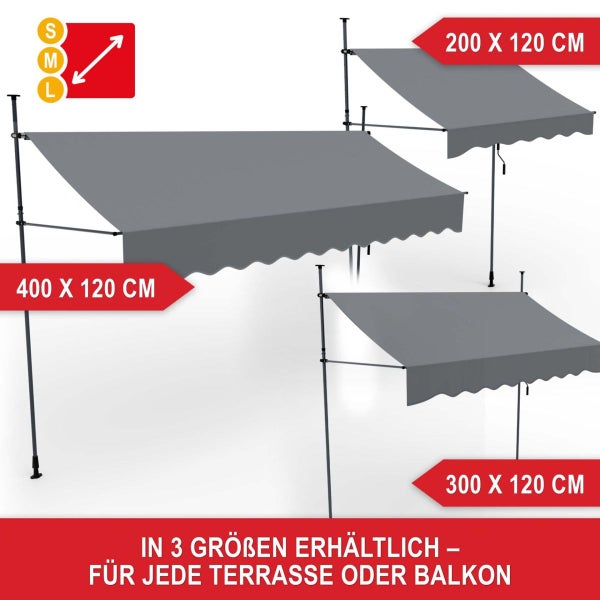 Graue Klemmmarkise mit einer Breite von 400 Zentimeter, einem Ausfall von 120 Zentimeter und einer Höhe von 215 bis 310 Zentimeter.