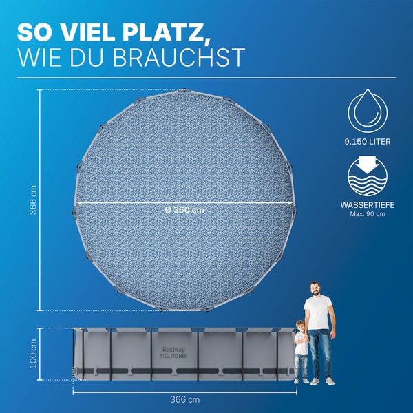 Bestway Steel Pro Max runder Pool. Durchmesser 366 Zentimeter, Höhe 100 Zentimeter, 9150 Liter, maximale Wassertiefe 90 Zentimeter.
