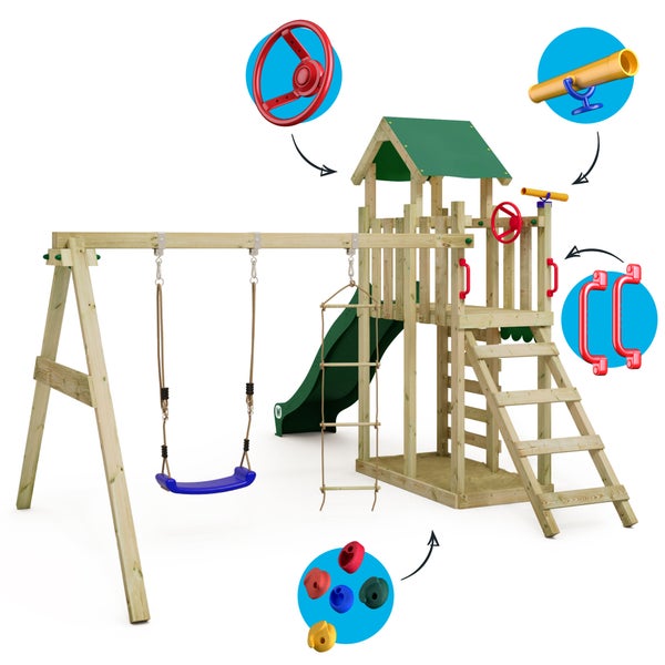 WICKEY Spielturm Klettergerüst MultiFlyer Light mit Schaukel und Rutsche, Kletterturm mit Sandkasten, Leiter und Spiel-Zubehör – grün