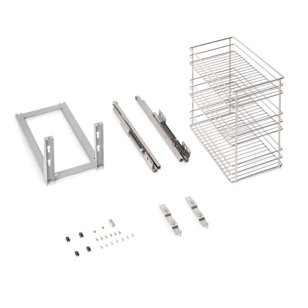 Ausziehbarer Schrank-Organizer aus Metall mit dreistöckigem Drahtkorb, Montagerahmen, Teleskopschienen und Befestigungsmaterial.