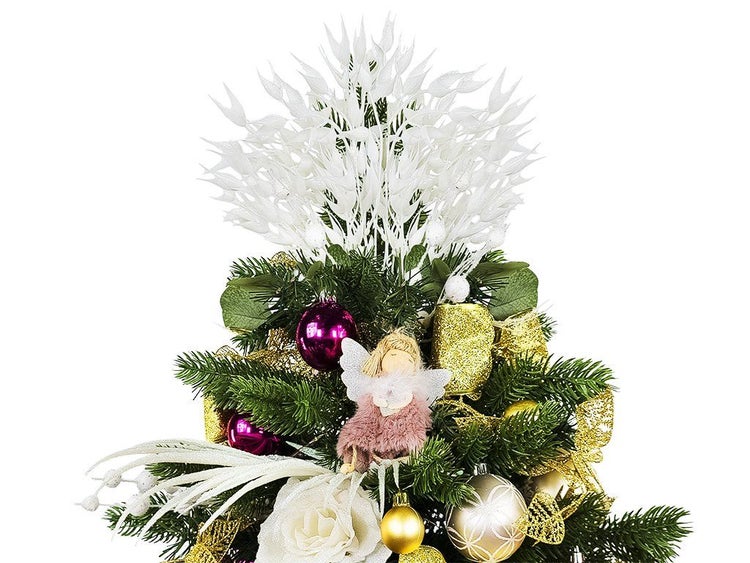 Weihnachtsbaumspitze mit künstlichen Zweigen, Engelfigur, Weihnachtskugeln und floralen Elementen zur Dekoration