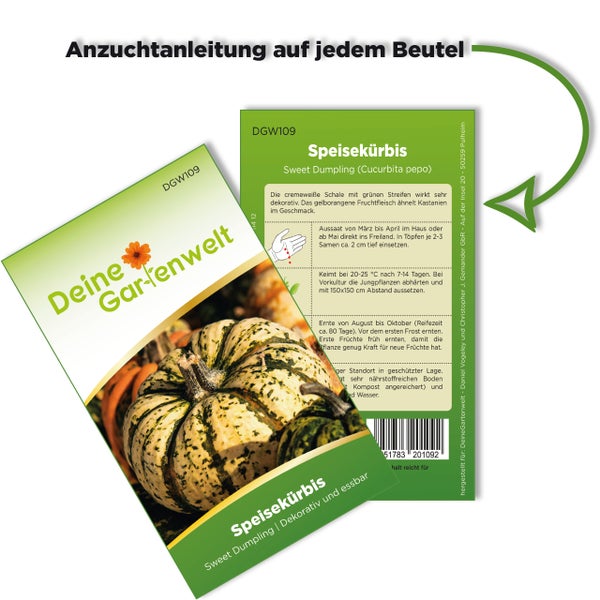 Samentüte für Speisekürbis Sweet Dumpling von Deine Gartenwelt, Vorderseite mit Abbildung und Rückseite mit Anzuchtanleitung.