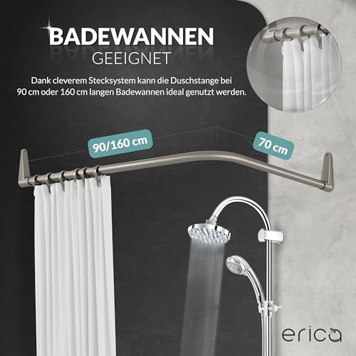 Erica Duschstange 70x90, 90x140 oder 70x160 cm Duschvorhangstange Ecke für Badewannen geeignet, Winkelstange, Montage ohne Deckenstütze, Gebogene Stange, Grau glänzend Pulverbeschichteter Stahl