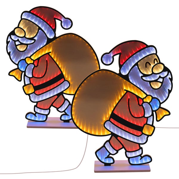 Zwei beleuchtete Weihnachtsmann LED Figuren als Weihnachtsdeko mit Unendlichkeitseffekt