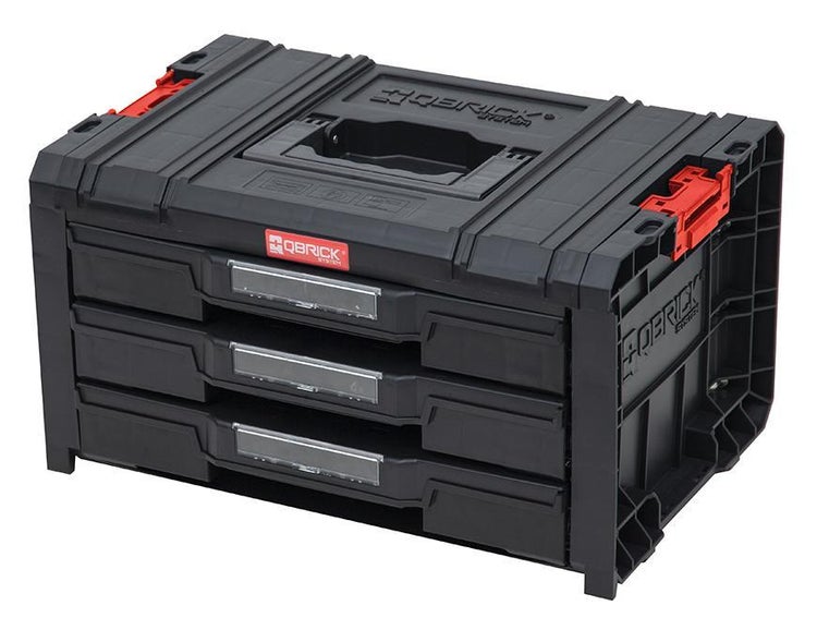 PROREGAL QBRICK Werkzeugkasten Pro Toolbox Mit 3 Schubladen HxB 24,5 x 32 cm Mit Deck & Teleskopgriffe Mit Klemmverschlüsse Schwarz