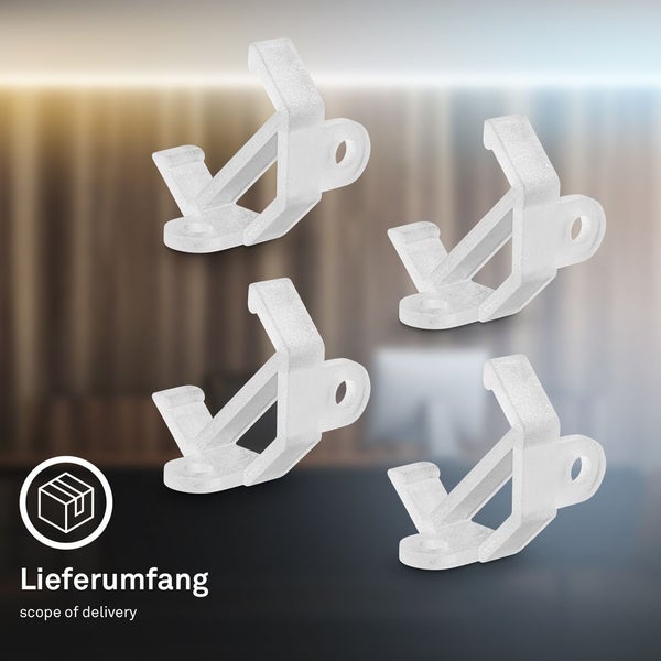 Vier Montageklammern aus Kunststoff im Lieferumfang.