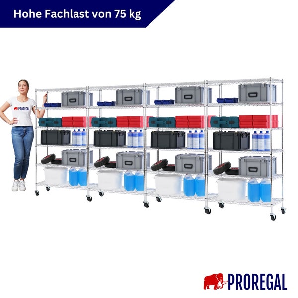 Gitterregal auf Rollen mit fünf Ebenen, hohe Fachlast von 75 Kilogramm pro Boden, bestückt mit Lagerboxen und Behältern. PROREGAL Logo.