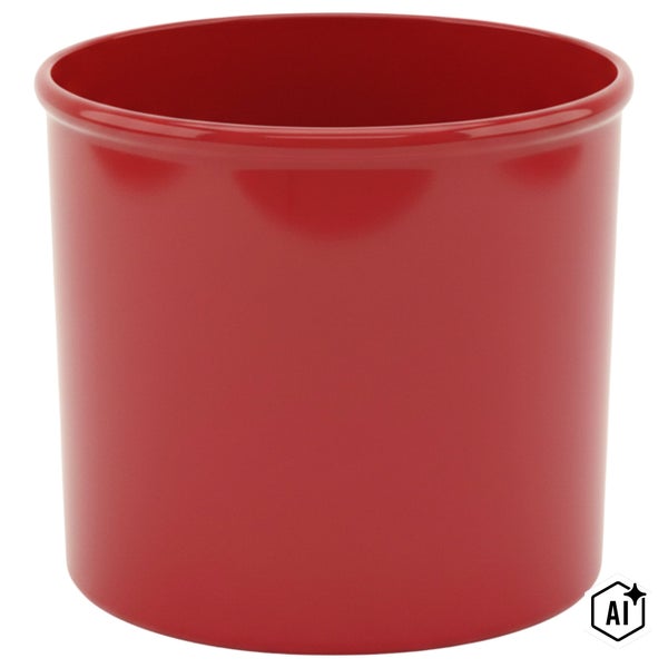 Roter zylindrischer Blumentopf mit glänzender Oberfläche.