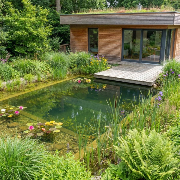 Moderner Schwimmteich mit Holzsteg, Seerosen und üppiger Uferbepflanzung vor einem Gartenhaus aus Holz mit Gründach.