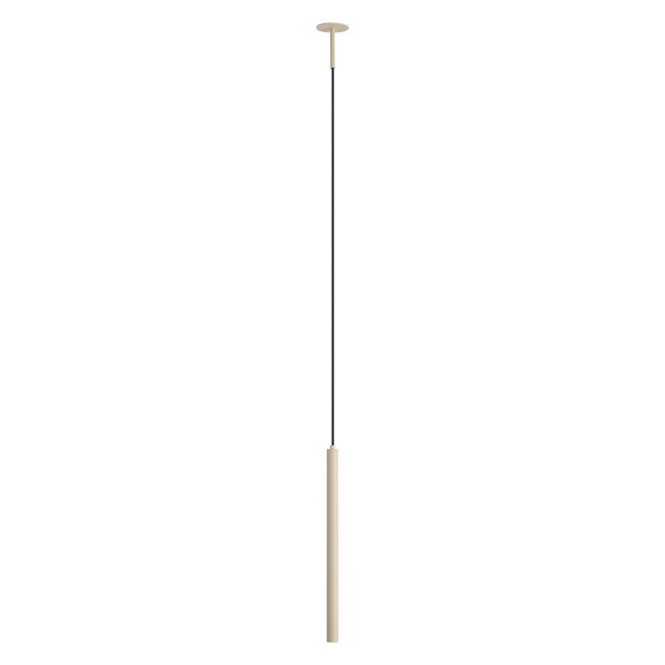 Moderne, minimalistische Pendelleuchte mit schlankem, zylinderförmigem beigem Lampenschirm an einem langen, schwarzen Kabel.