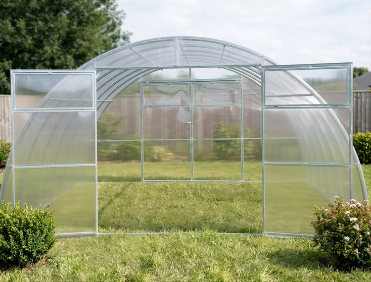Ein begehbares Gewächshaus mit bogenförmigem Rahmen aus Metall und lichtdurchlässigen Doppelstegplatten im Garten mit offenen Flügeltüren.