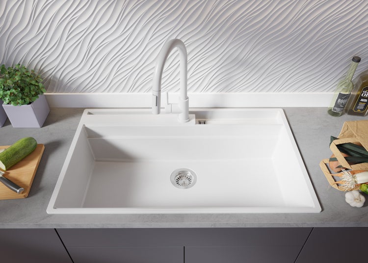 PRIMAGRAN Spülbecken Alles Weiß 88x53cm, Granitspüle 1 Becken + Ablauf-Set + Küchenzubehörset, Küchenspüle ab 90er Unterschrank - Oslo Pocket