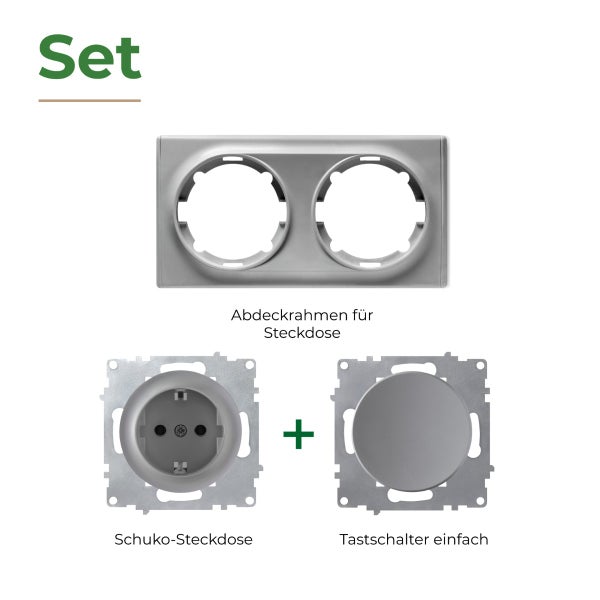 Elektroinstallations Set bestehend aus zweifachem Abdeckrahmen, einer Schuko Steckdose und einem einfachen Tastschalter