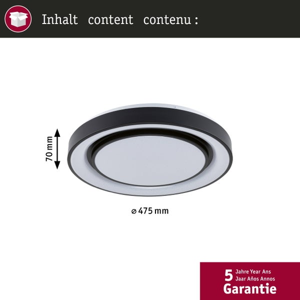 Runde Deckenleuchte mit schwarzem Rahmen, Durchmesser 475 Millimeter, Höhe 70 Millimeter, 5 Jahre Garantie.