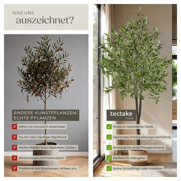Vergleichsgrafik zwischen einer verwelkten Pflanze und einer naturgetreuen Kunstpflanze von Tectake Home für eine pflegeleichte Raumgestaltung.