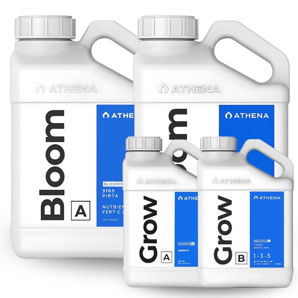 Athena Bloom und Grow Düngemittel für Pflanzen in weißen Behältern mit Griff