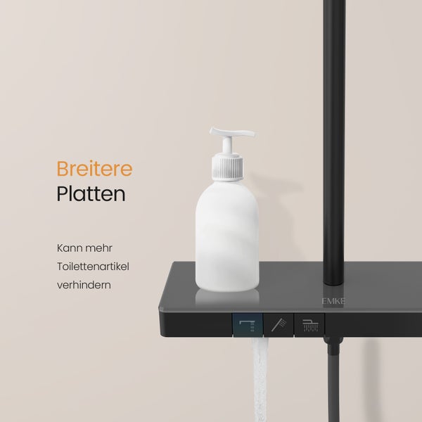 Duschablage mit Bedienelementen für Armatur, Handbrause und Regendusche sowie breiter Ablagefläche, EMKE Logo.