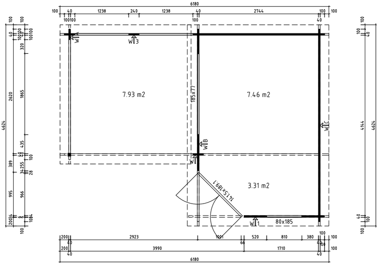 Technische Zeichnung mit Grundriss eines Gartenhauses inklusive Bemaßung und Flächenangaben in Quadratmetern.