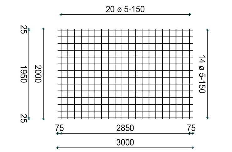 Technische Zeichnung einer Baustahlmatte mit den Maßen 3000 x 2000 Millimeter