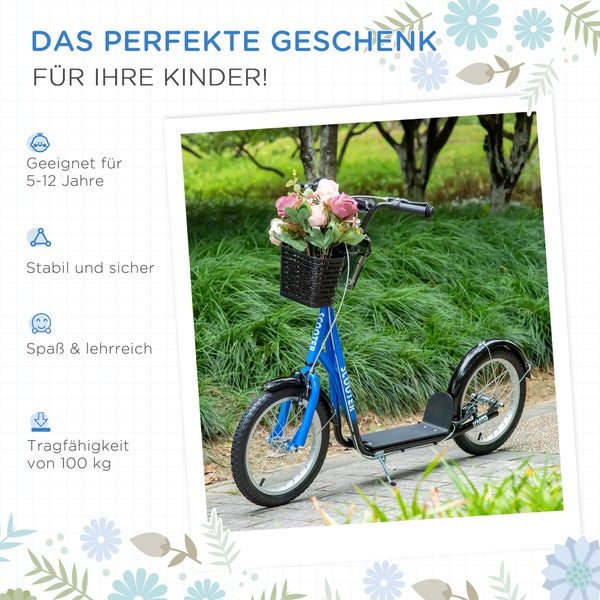 HOMCOM Kinderroller, 139L x 58B x 96H cm, Metall, Kunststoff, Aluminiumlegierung, Gummi, Blau