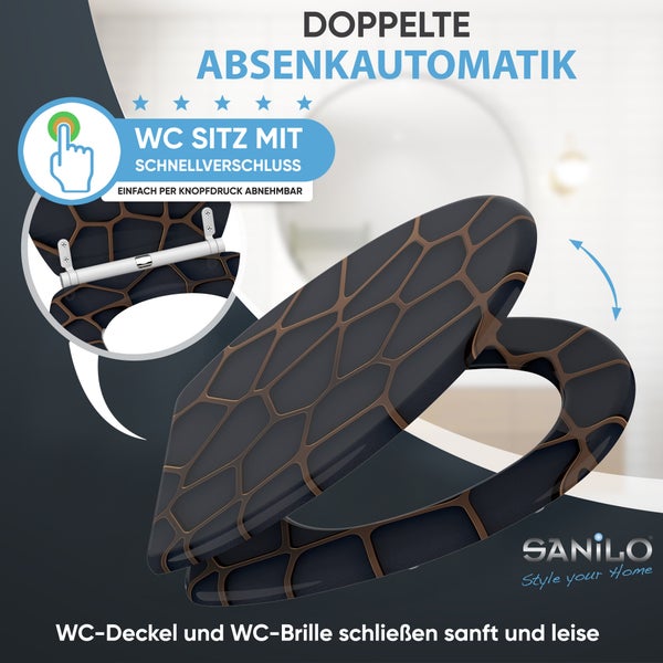 Sanilo WC-Sitz mit doppelter Absenkautomatik für sanftes Schließen und Schnellverschluss. Sanilo Logo.